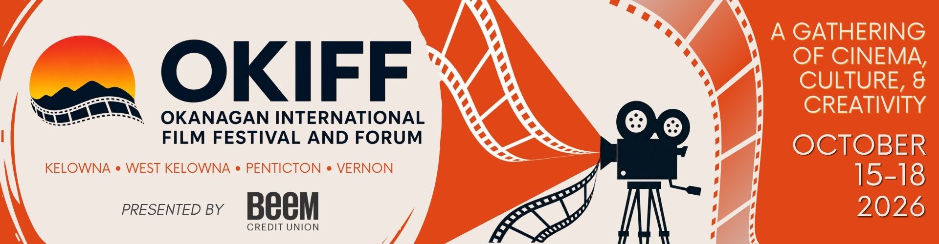 Okanagan Film Festival and Forum presented by BEEM image with a video camera, film ribbons in orange