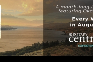 Reel Okanagan promotional banner featuring an Okanagan Lake landscape at sunset. A month-long indie film showcase featuring Okanagan-made films, every Wednesday in August at 7:00 PM at the Rotary Centre for the Arts in Kelowna.