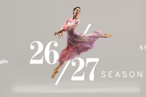 Ballet Kelowna 2026/27 season promotion featuring a dancer in flight with performances Four Voices, A Streetcar Named Desire, and Double Take.