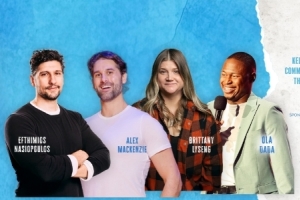 Alex MacKenzie’s Hungry for Laughs Comedy Tour promotional banner featuring comedians Alex MacKenzie, Efthimios Nasiopoulos, Brittany Lyseng, and Ola Dada. The charity comedy event takes place October 24 at 7:30 PM at Kelowna Community Theatre in Kelowna, British Columbia, in support of the Central Okanagan Food Bank. The event poster displays the Hungry for Laughs logo, performer images, sponsor logos, and the campaign message “Stand Up to Hunger, It’s No Laughing Matter.”
