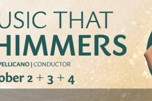 Promotional banner for the Okanagan Symphony Orchestra concert "Music That Shimmers," conducted by Julian Pellicano and featuring acclaimed harp soloist Joy Yeh. The elegant concert artwork displays the OSO logo, the title "Music That Shimmers," and performance dates of October 2, 3, and 4 for the 2026/27 season. A portrait of the featured harpist standing beside a concert harp appears against a gold, sparkling background that reflects the program's luminous and expressive musical theme.