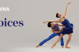 Ballet Kelowna presents Four Voices, November 6 and 7, part of Ballet Kelowna’s 2026/27 season. Promotional image features two ballet dancers performing a supported contemporary dance pose against a soft grey background, with one dancer in deep blue and the other in purple and blue. Season presented by the Thomas Alan Budd Foundation.