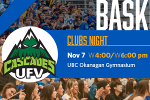 UBCO Heat Basketball Clubs Night on November 7 at the UBC Okanagan Gymnasium, featuring Cascade UFV versus UBCO Heat. Women’s game at 4:00 p.m. and men’s game at 6:00 p.m., with a background of basketball fans in blue and team logos.