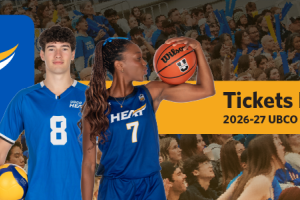 Two UBCO Heat athletes in blue uniforms—one holding a basketball and one holding a volleyball—stand before a cheering crowd with blue and yellow clappers. Text reads: “UBCO HEAT,” “All games at the UBC Okanagan Gymnasium,” “Tickets Now Available!” and “2026–27 UBCO Heat Basketball & Volleyball.”