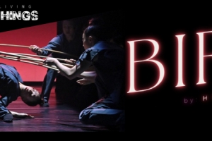 Rotary Centre for the Arts and Living Things present BIRDY by Hung Dance, a contemporary dance performance featuring a dancer arched backward on a dark stage while several performers surround the dancer holding long white poles against a dramatic red backdrop.