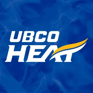 UBCO Heat logo on a blue textured background. Official athletics branding for the University of British Columbia Okanagan (UBCO) Heat varsity sports teams.