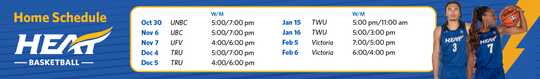 UBC Okanagan Heat Basketball 2025-26 home schedule graphic featuring men's and women's basketball games at UBC Okanagan in Kelowna, BC. Home opponents include UNBC on October 30, UBC on November 6, UFV on November 7, TRU on December 4 and 5, TWU on January 15 and 16, and Victoria on February 5 and 6. Team branding appears on a blue background with two UBC Okanagan Heat basketball players beside the full home game schedule and game times.