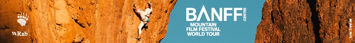 Banff Centre Mountain Film Festival World Tour banner featuring a climber ascending a sunlit orange rock face.